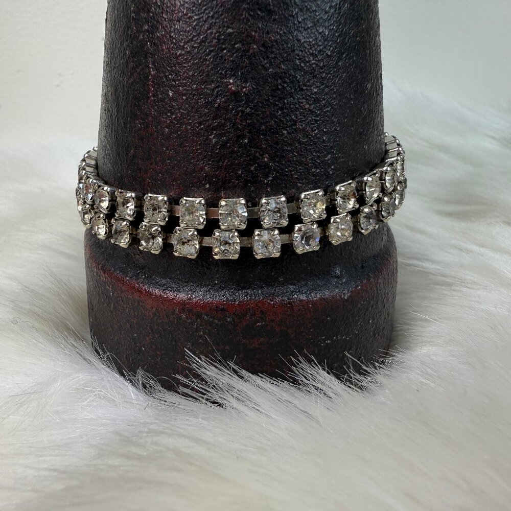Vintage Prong Set Two Strand Rhinestone Bracelet Silver Tone 7"